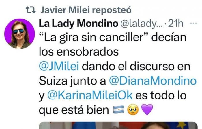 Au milieu des versions de sortie de Diana Mondino, Milei a soutenu la chancelière avec un retweet