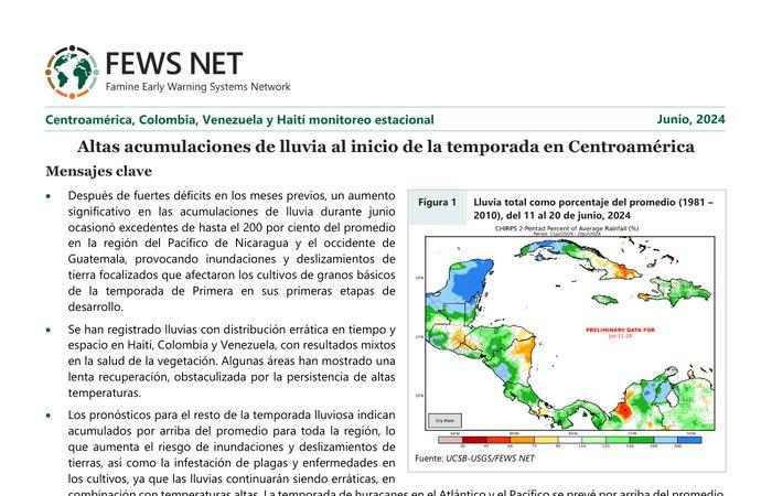 Suivi saisonnier Amérique centrale, Colombie, Venezuela et Haïti, juin 2024 : Fortes accumulations de pluie en début de saison en Amérique centrale – Haïti